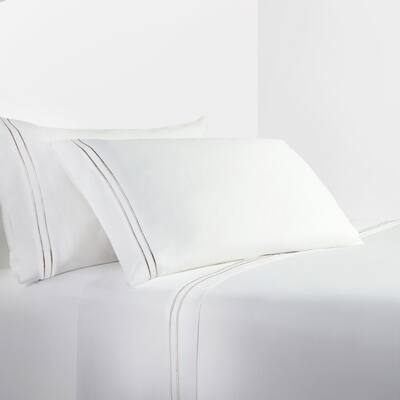 Hiend Accents 350TC Embroidered Stripe White Sheet Set, Taupe, 4PC