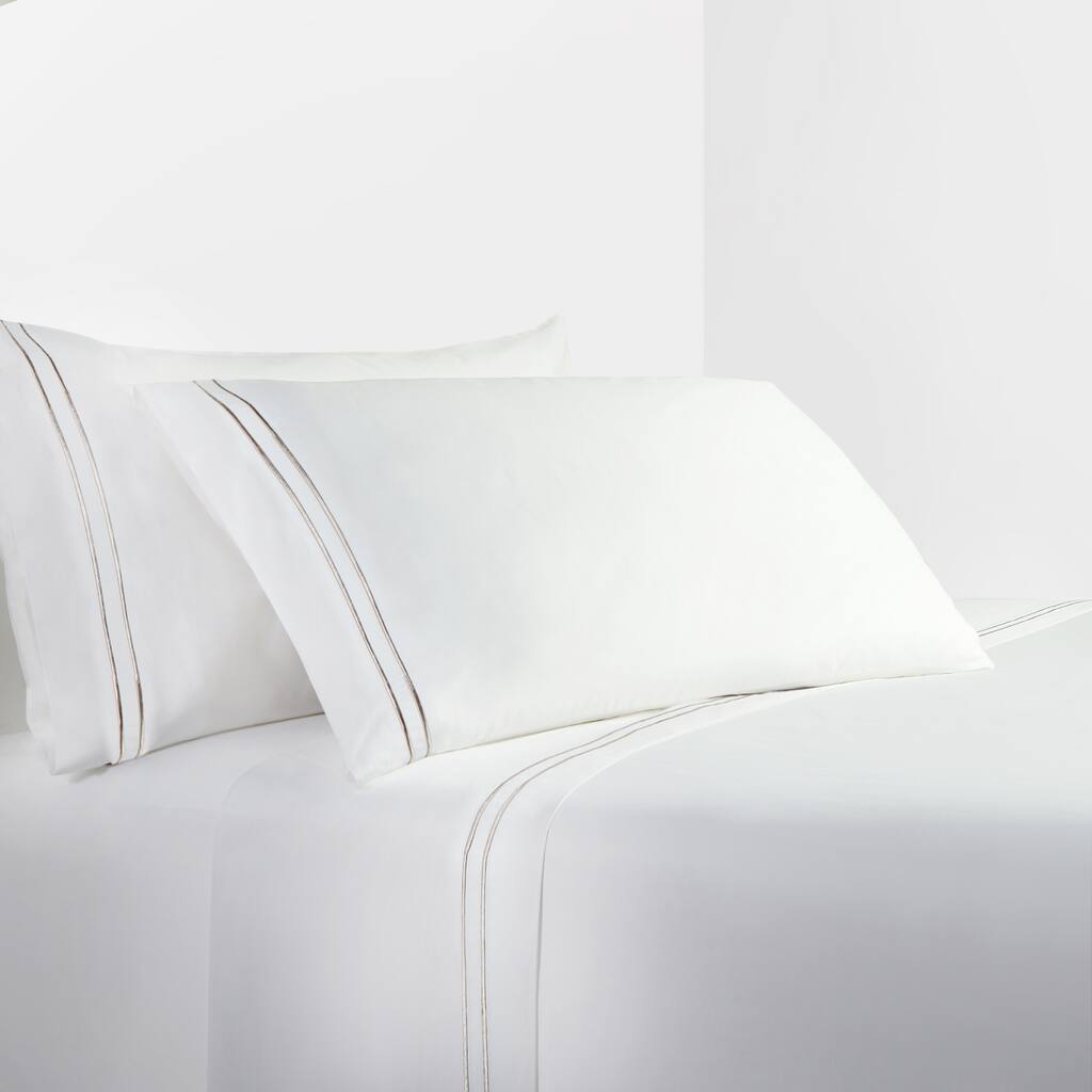 Hiend Accents 350TC Embroidered Stripe White Sheet Set, Taupe, 4PC