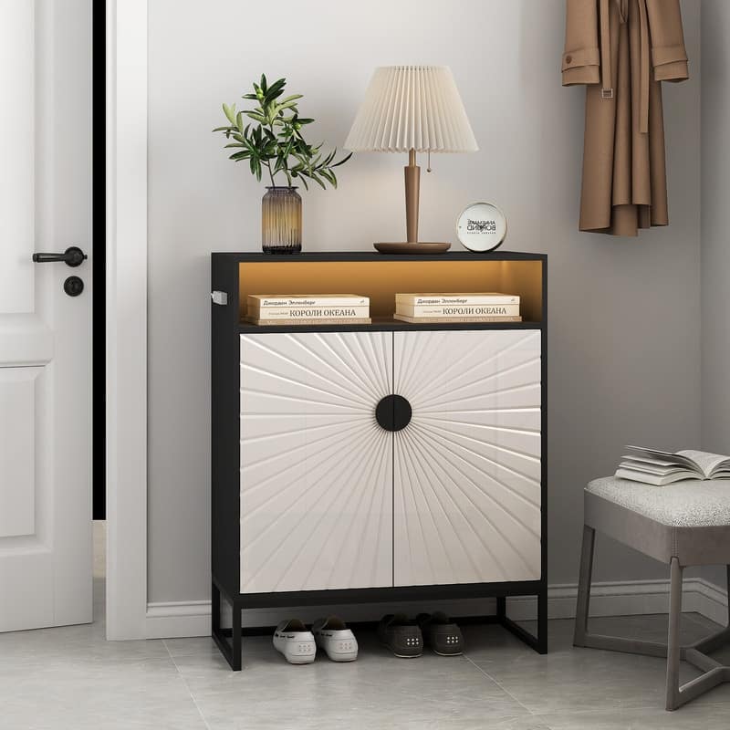 Entryway Shoe Storage Cabinet with 5-Tier Storage Space,Modern Shoe Organizer with Open Shelves - White+Black