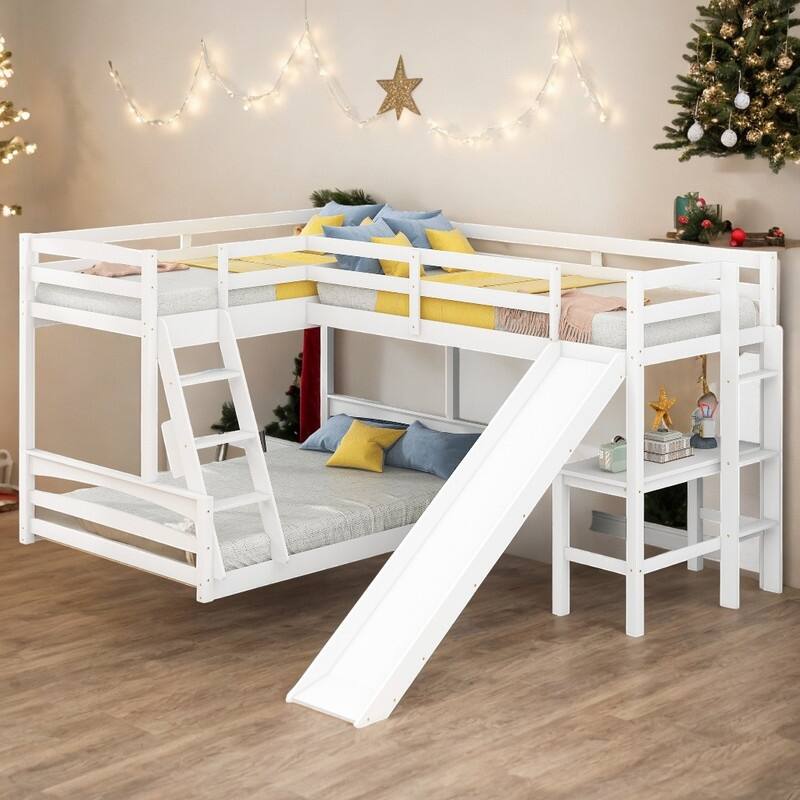 Twin over Full Bunk Bed with Slide, Loft Bed with Desk, Multipurpose Bed with Full-Length Guardrail, White