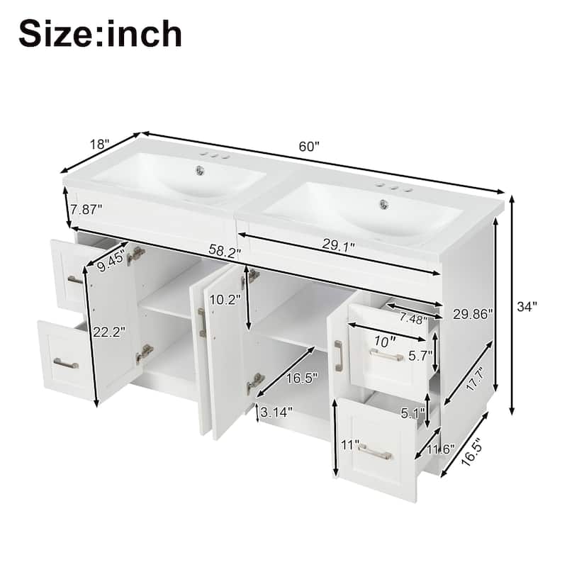60" Bathroom Vanity with 4 Cabinet Doors, 4 Drawers, 2 Adjustable Shelves, Dual SMC Resin Sinks, Hidden Soft-Close Drawers