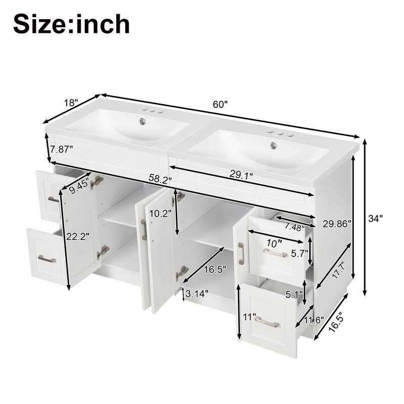 60" Double Bathroom Vanity with Dual SMC Resin Sinks, 4 Doors, 4 Drawers, and Soft-Close Hardware