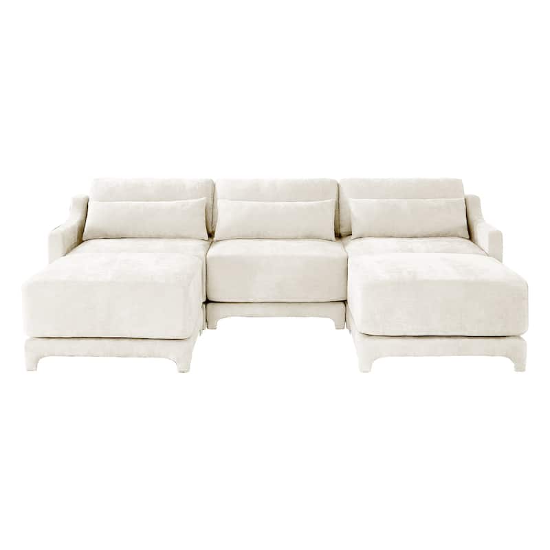 105.9" Chenille 3-Seater Sofa with 2 Movable Ottomans, Lumbar Pillow, High-Resilience Sponge and Wooden Base