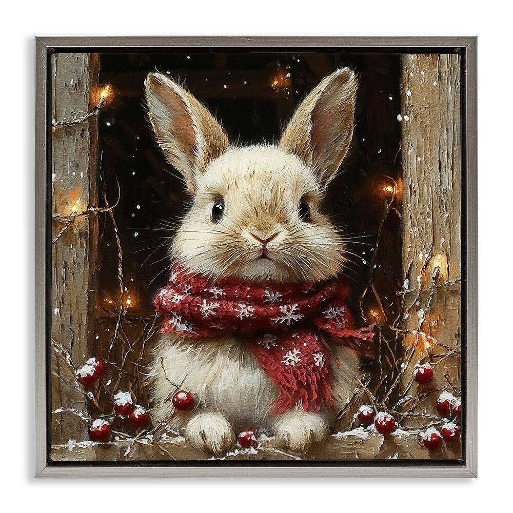 Stupell Bunny with Snowy Holly Berries Framed Floater Canvas Wall Art Design By Riley B