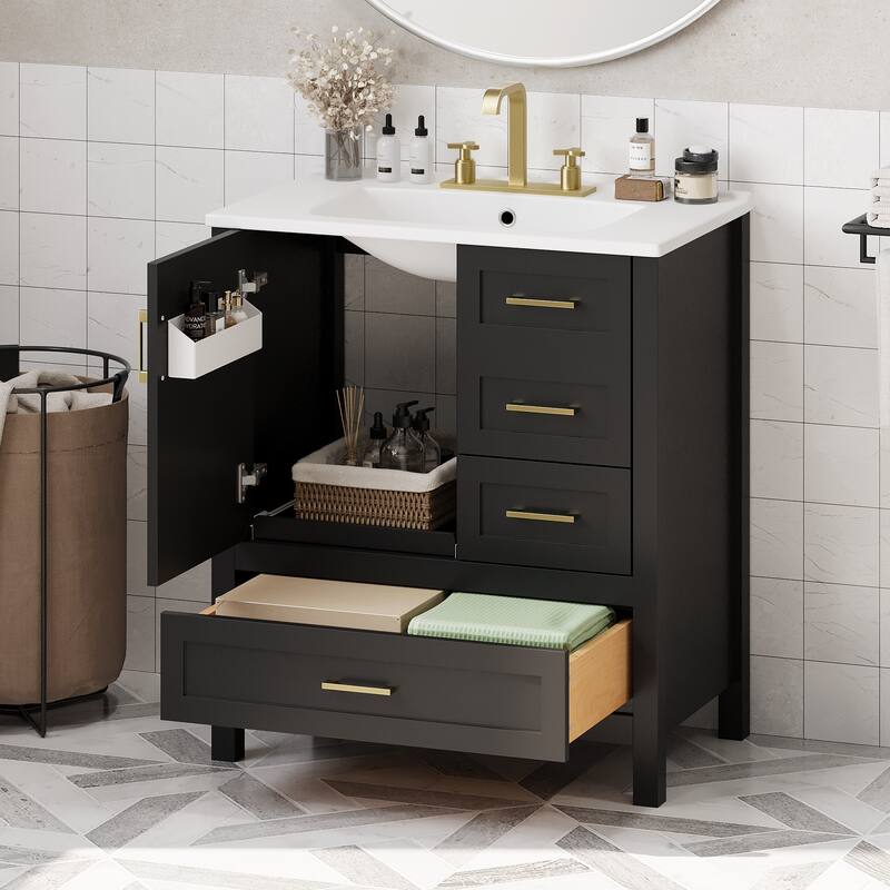30" Modern Bathroom Vanity Set with Ceramic Sink - Soft-Close Doors & 3 Drawers, Storage Cabinet with Removable Tray
