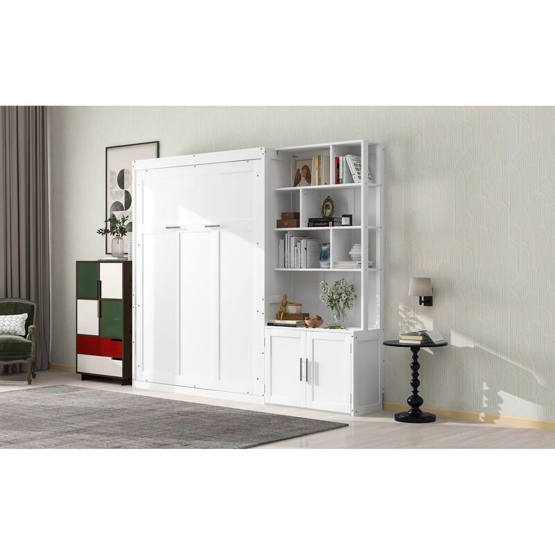 Space-Saving Full Size Murphy Bed with Storage Shelves and Cabinet, White