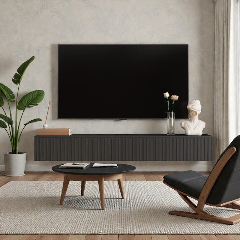 65" Floating TV Stand Wall Mounted with 16 Color LED Lights, Modern TV Cabinet for 55-65 Inch TVs - Black