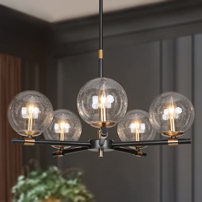 Modern 5-Light Black Gold Wheel Chandelier Globe Glass Pendant Lights for Dining Room - 22" D x 14" H