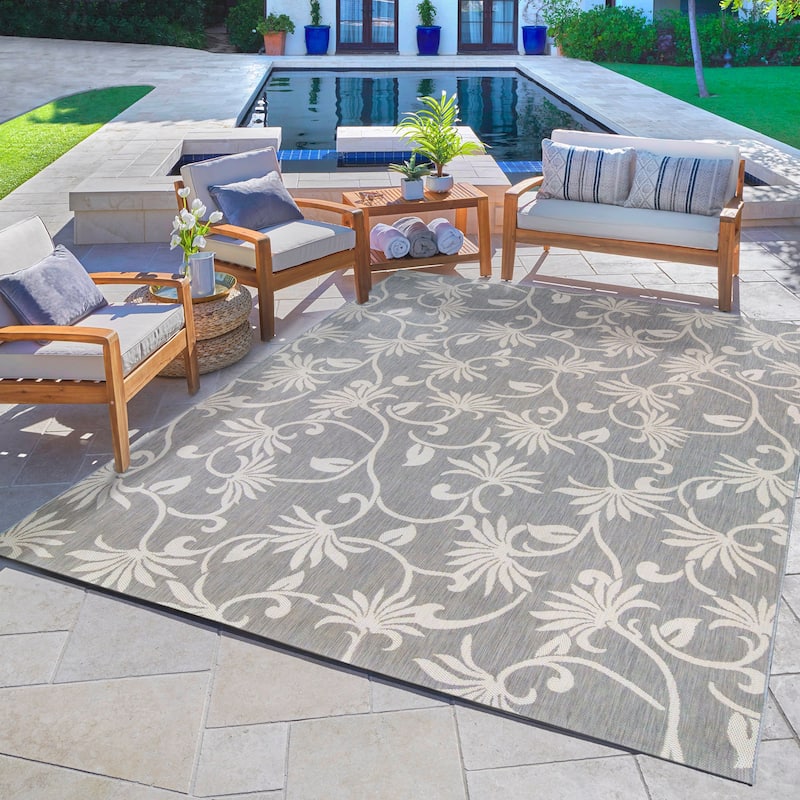 Reyn Spooner Tradewinds Hawaiian Tropical UV Protected Polypropylene Flatweave Indoor/ Outdoor Area Rug Collection - 8'9"x13'1" - Plumeria Gray - Rectangle