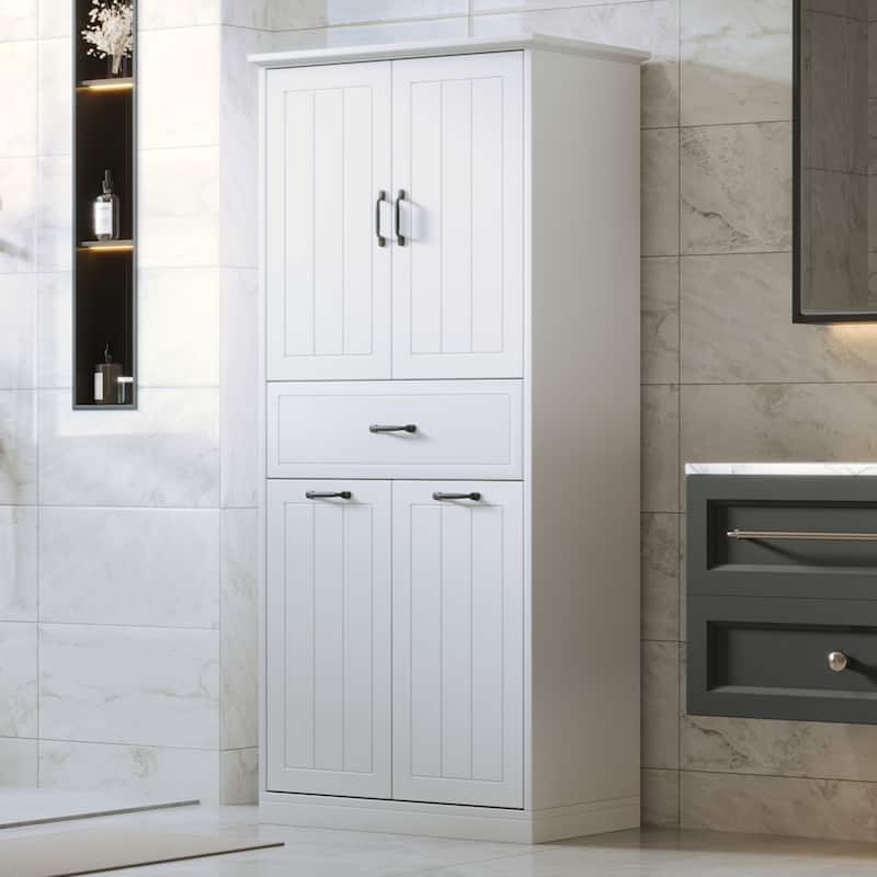 Roomfitters Bathroom Storage Cabinet with Double Laundry Hampers, Doors and Drawer Organizer