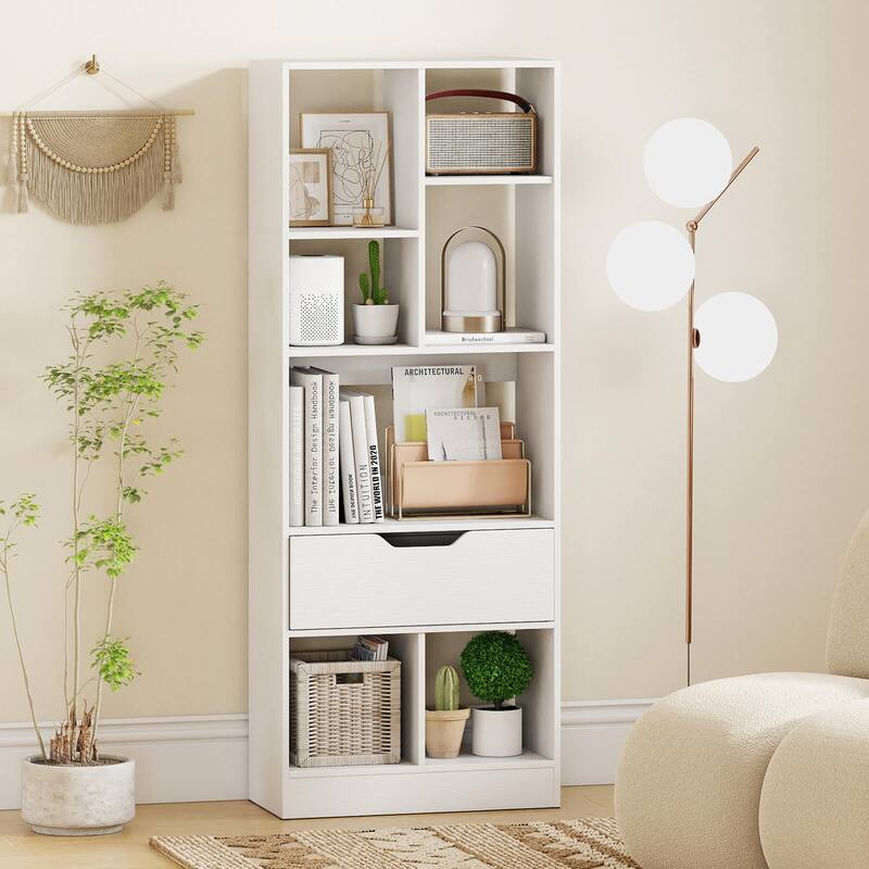 Costway 1 PCS 51” Tall Bookcase with Drawer 7 Open Cubes Anti-toppling - See Details