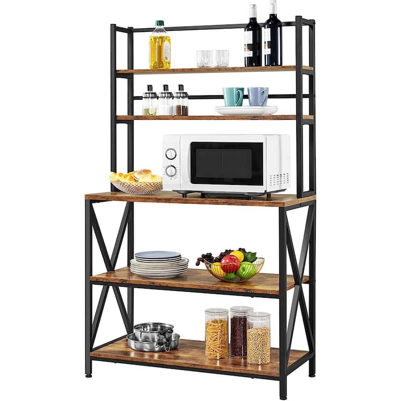 Wood Metal 5-Tier Adjustable Bakers Rack for Kitchen and Living Room Storage - 16"D x 35.5"W x 64.5"H - Black-Brown