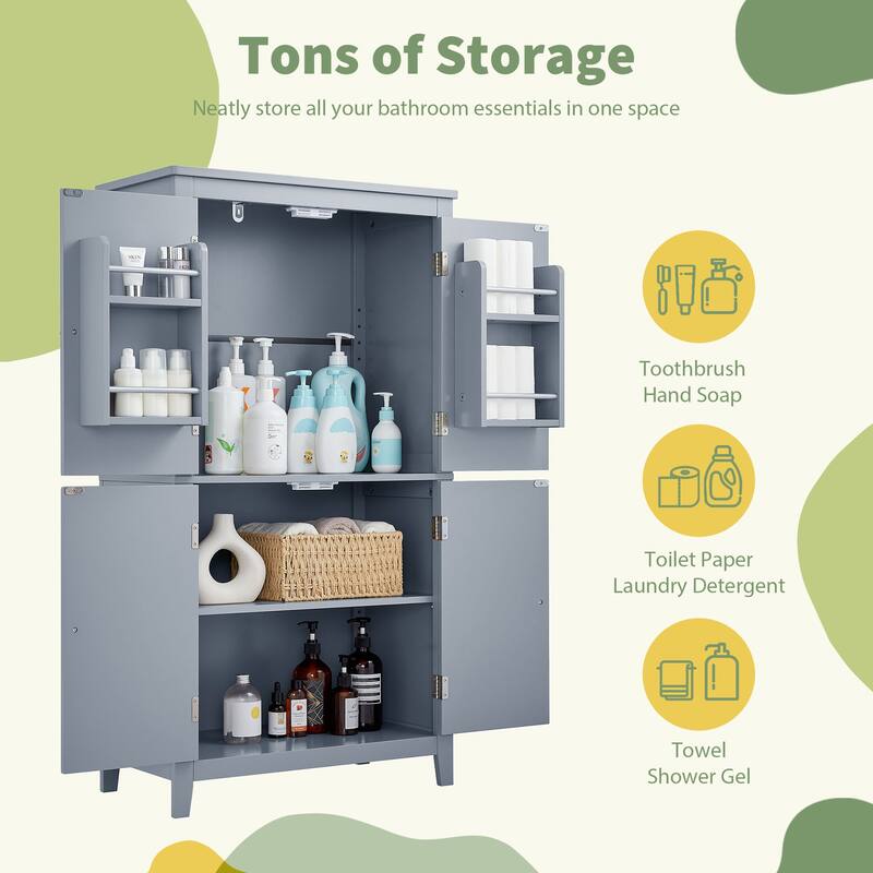 Large Bathroom Waterproof Storage Cabinet with 4 Doors, Shelf