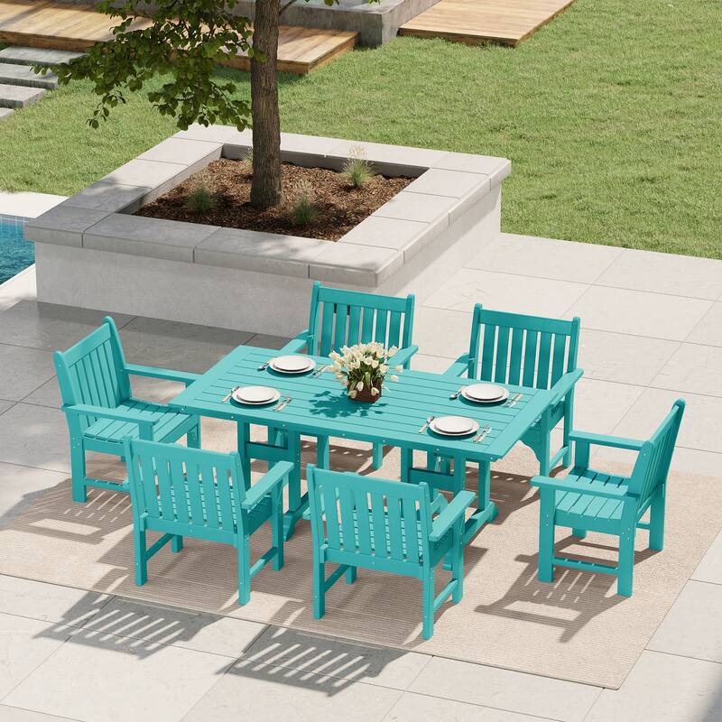 Polytrends Laguna Outdoor Patio 7-Piece Rectangular Table Garden Arm Chairs Dining Set