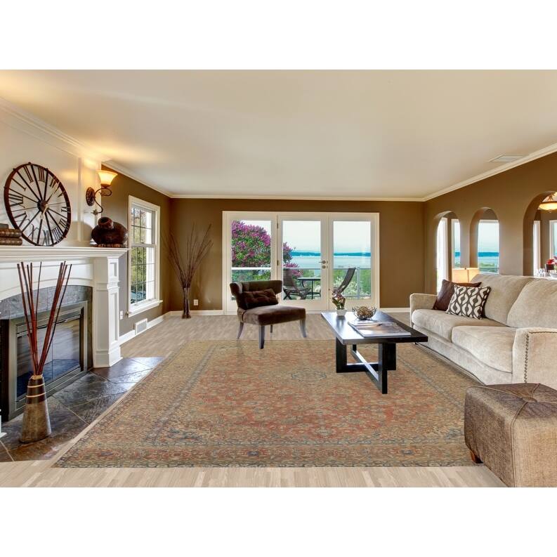 Hand Knotted Oriental 100% Wool Carpet Traditional Floral Oranges & Rust Kashan Area Rug - 13' 2'' X 9' 7''