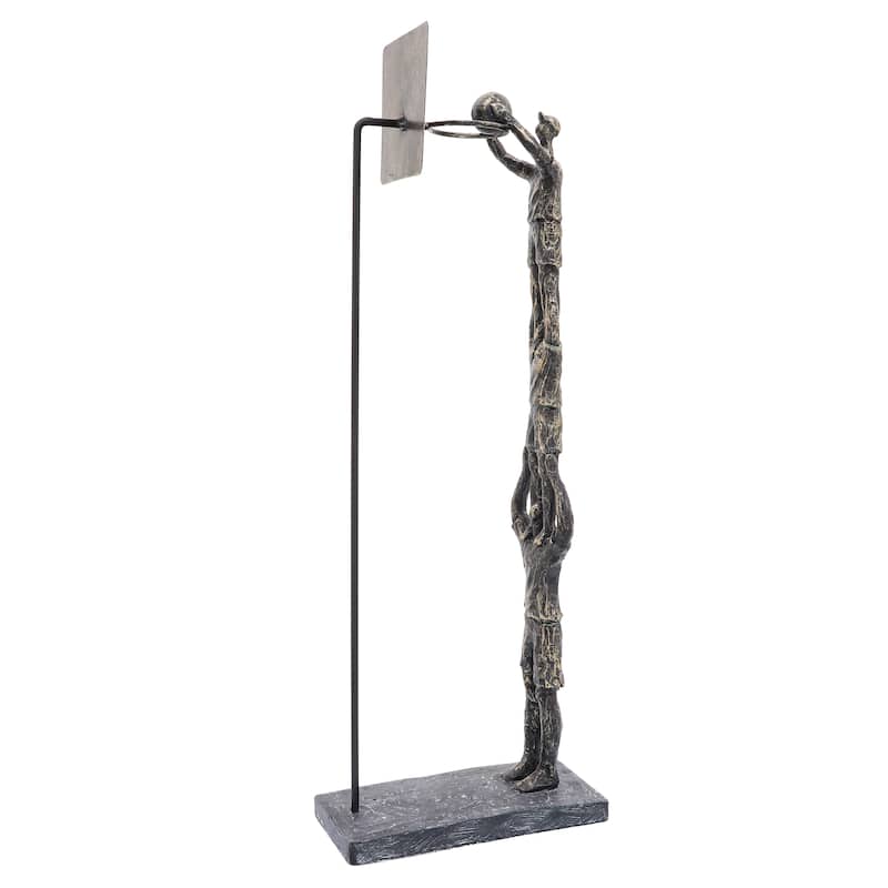 19" Three Men Dunking Basketball Sculpture - Contemporary Polyresin Basketball Teamwork Bronze and Copper Decorative