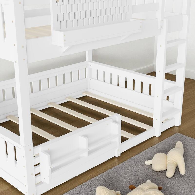 Queen over Queen Bunk Bed with Ladder, Guardrails, Pegboard Storage & Built-In Bookshelf, Solid Wood Frame