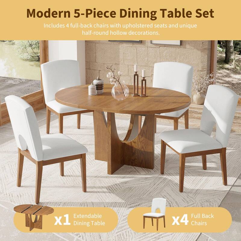 Modern 5-Piece Round Dining Set with 16.2" Removable Leaf