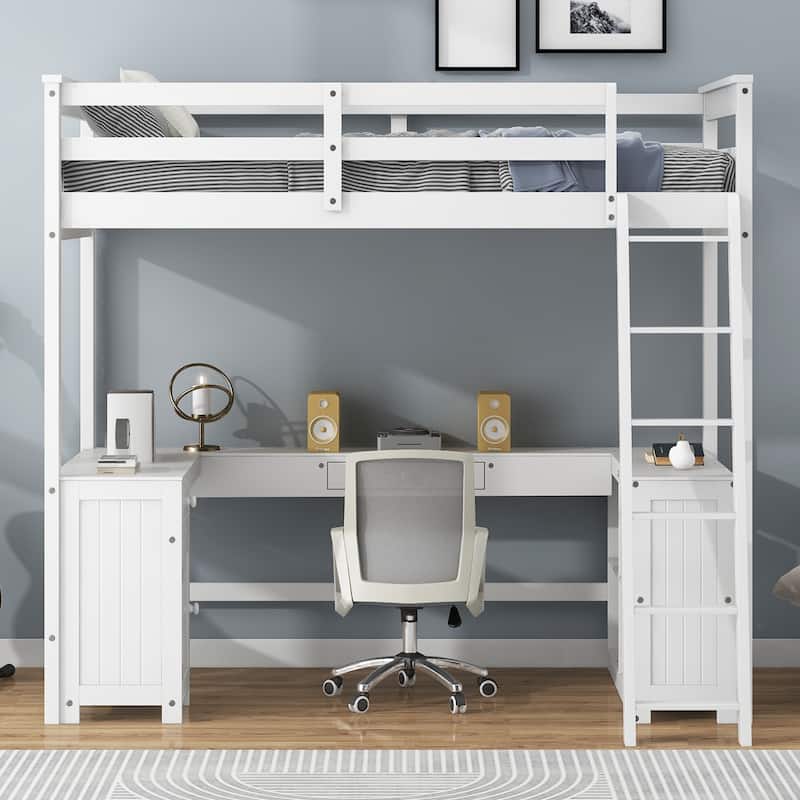 Merax Loft Bed with U-shaped Desk, Drawers and Storage Shelves