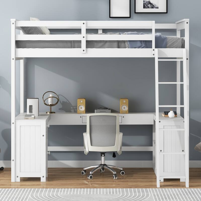 Twin Size Loft Bed with U-shaped Desk, Drawers and Storage Shelves, No Box Spring Required, Easy to Assemble