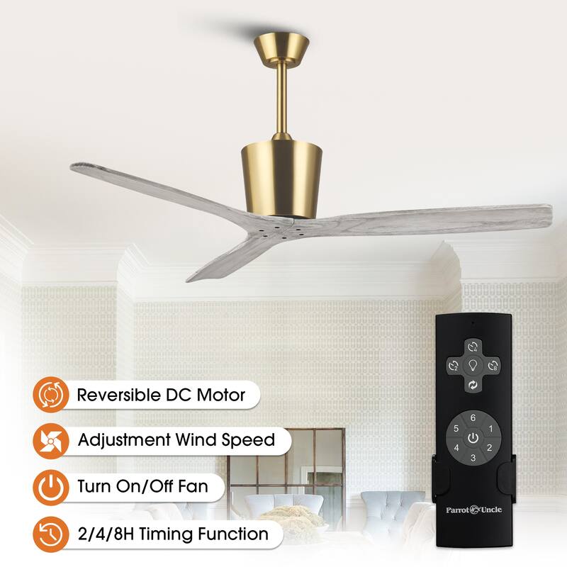 54" Farmhouse Solid Wood 3-Blade DC Reversible Ceiling Fan with Remote, No Light