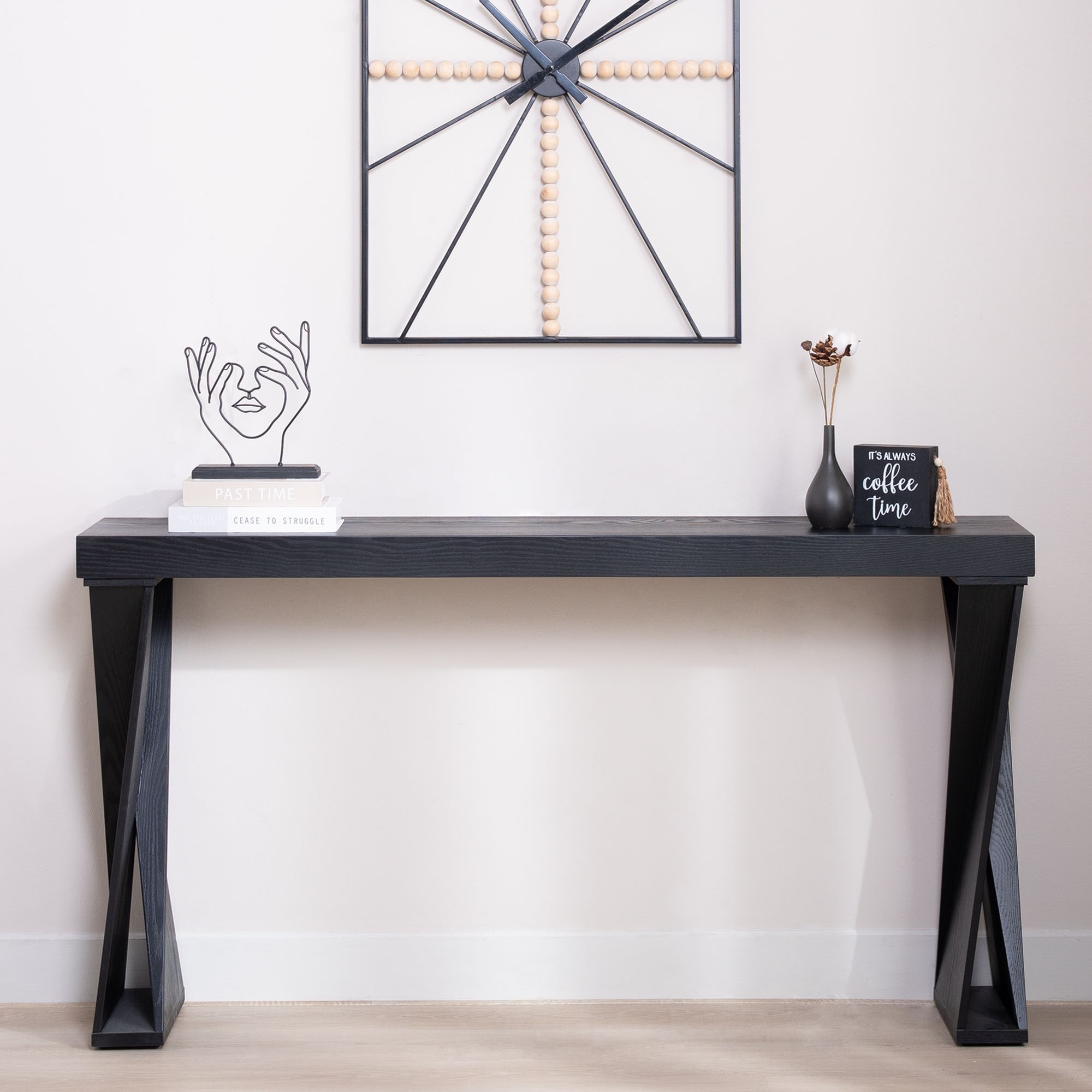 Modern Console Table - 58.3" Narrow Entryway Table, Black Manufactured Wood Sofa Table with Crossed Legs for Hallway