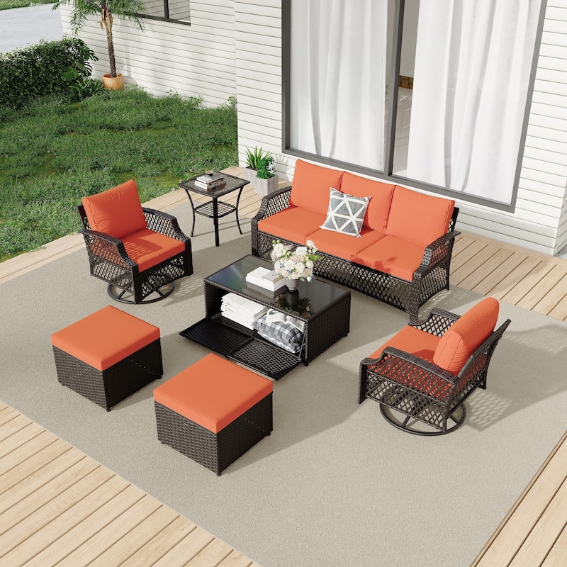 Outdoor Wicker Patio Set w Swivel Chairs & Sofa, Ottomans and Tables, Modular 3/5/6/7-Piece, All-Weather Conversation Set.