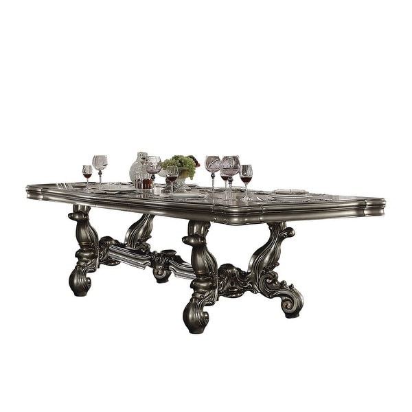 Traditional Style Dining Table with Scrolled Legs and Trestle Base, Silver