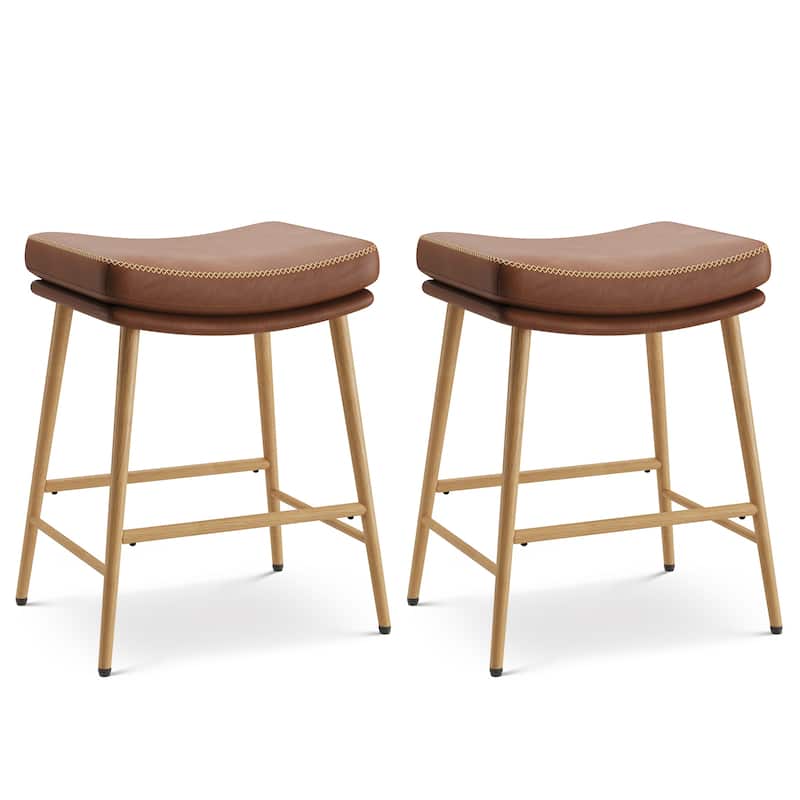 RENEWLINE Metal Bar Stools, 24 Inch Backless Counter Height Stools（Set of 2/3/4/6） with PU Leather Seat & Footrest - Set of 2 - Brown