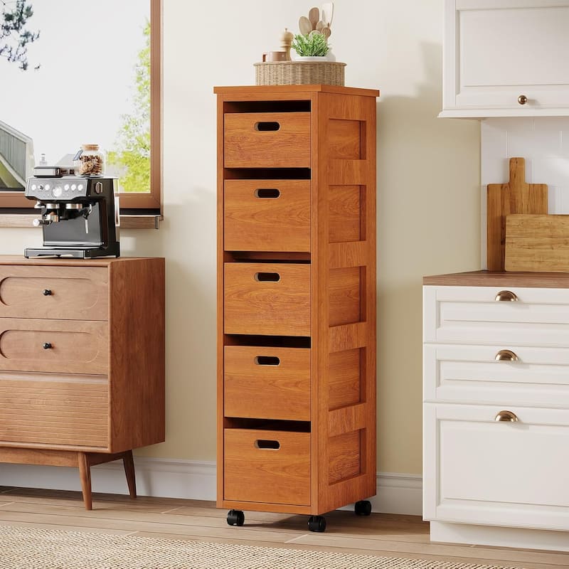 5 Drawers Slim Vertical Storage Drawer Units with Wheels, Tall Narrow Wood Organizer Tower for Bedroom, Living Room, Hallway