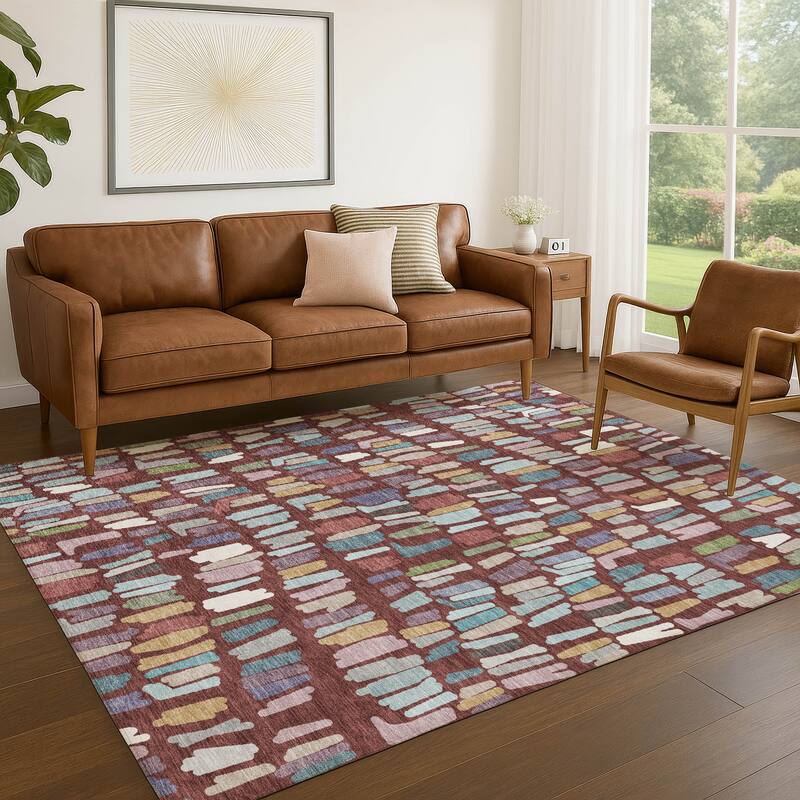 Machine Washable Indoor/ Outdoor Modern Mosaic Chantille Rug