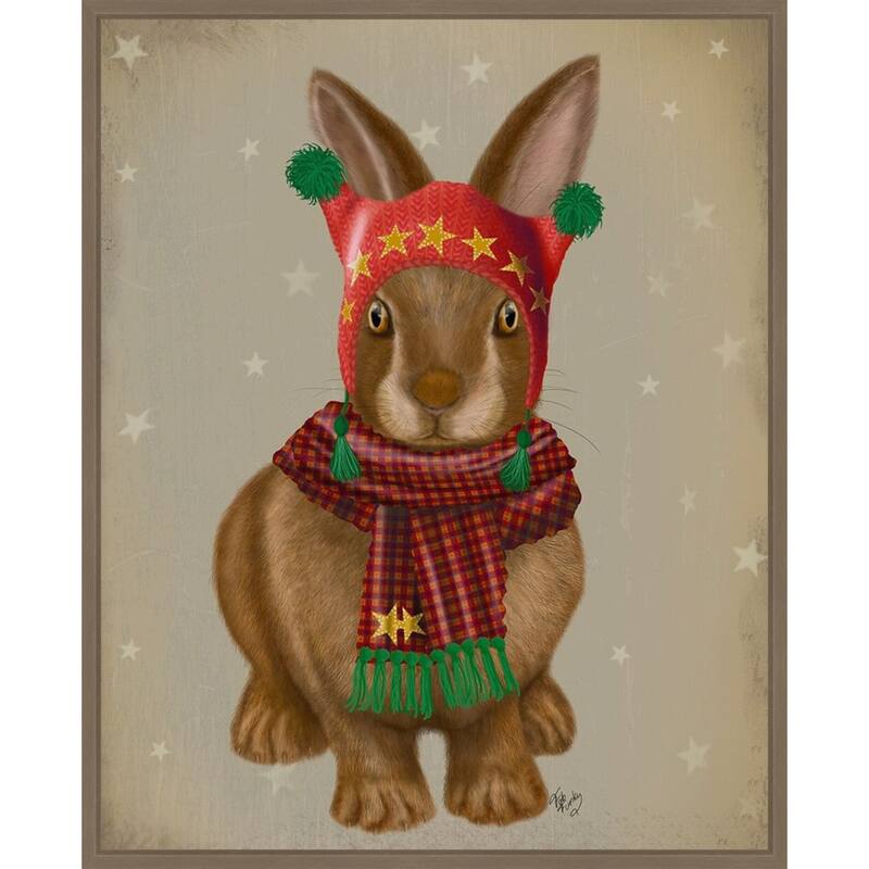 Bunny and Bobble Hat by Fab Funky (23 x 28 in.), Framed Canvas Wall Art Print - Sylvie Dark Gold