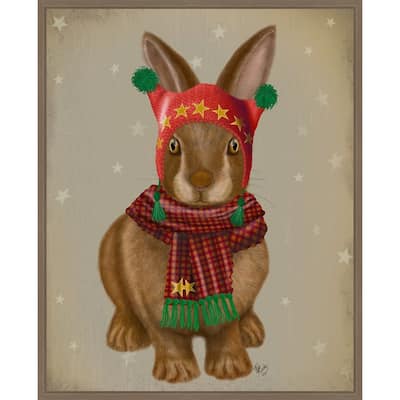 Bunny and Bobble Hat by Fab Funky (23 x 28 in.), Framed Canvas Wall Art Print - Sylvie Dark Gold