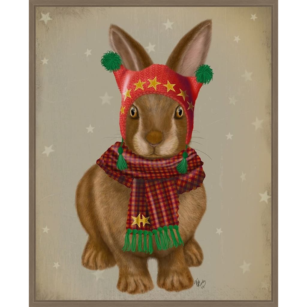 Bunny and Bobble Hat by Fab Funky (23 x 28 in.), Framed Canvas Wall Art Print - Sylvie Dark Gold