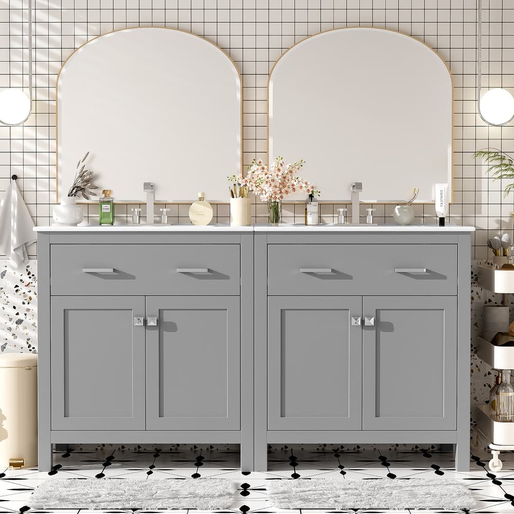 Set of 2 Vanity for Bathroom with Double Ceramic Sinks, 60" Modern Storage Cabinet with Flip-down Drawers and Door Organizers