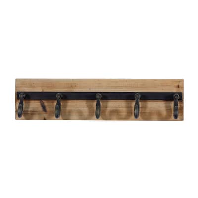 Wood 5 Hanger Wall Hook with Black Metal Hardware - Brown - Roche River Decor - 4"W x 24"L x 6"H
