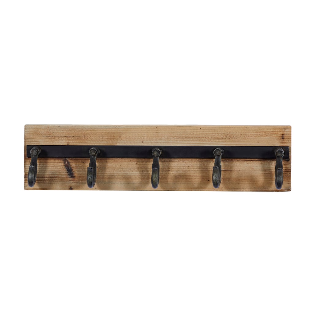 Wood 5 Hanger Wall Hook with Black Metal Hardware - Brown - Roche River Decor - 4"W x 24"L x 6"H