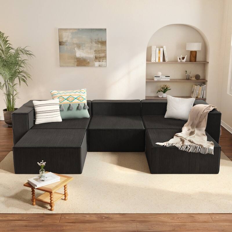 Corduroy Module with Two Ottoman Compression Sofa - Black Corduroy