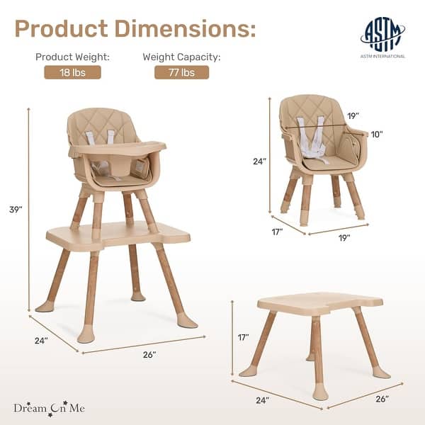 dimension image slide 0 of 3, Dream On Me Luna 4-in-1 Convertible Baby High Chair