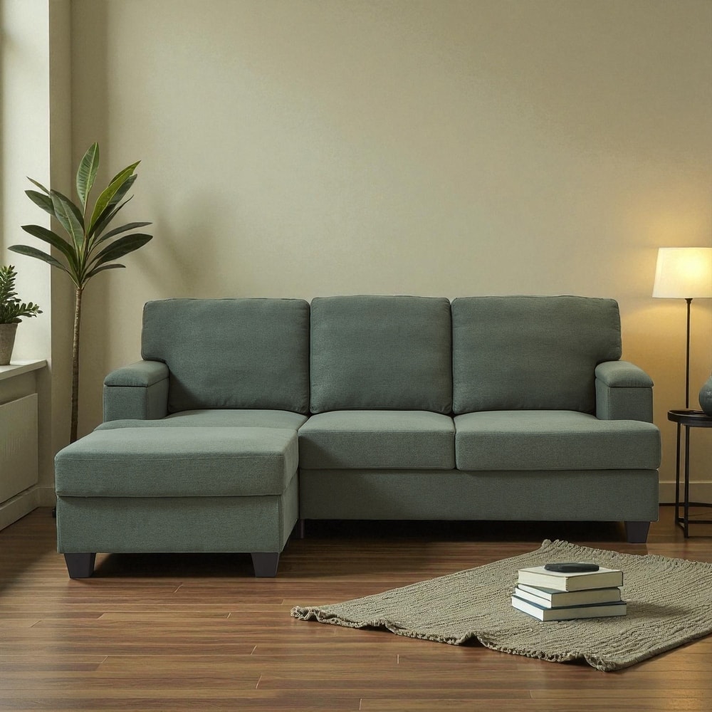 86" L-Shaped Sectional Sofa with Armrest Storage, Movable Ottoman, Thick Cushions, Linen Upholstery for Living Room