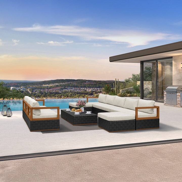 PURPLE LEAF GLFSF Outdoor sofas Black sofa with white seat for Yard Porch Deck Patio Conversation Sets - 8seats+2 Ottomans+ 2 Tables/Enclosed