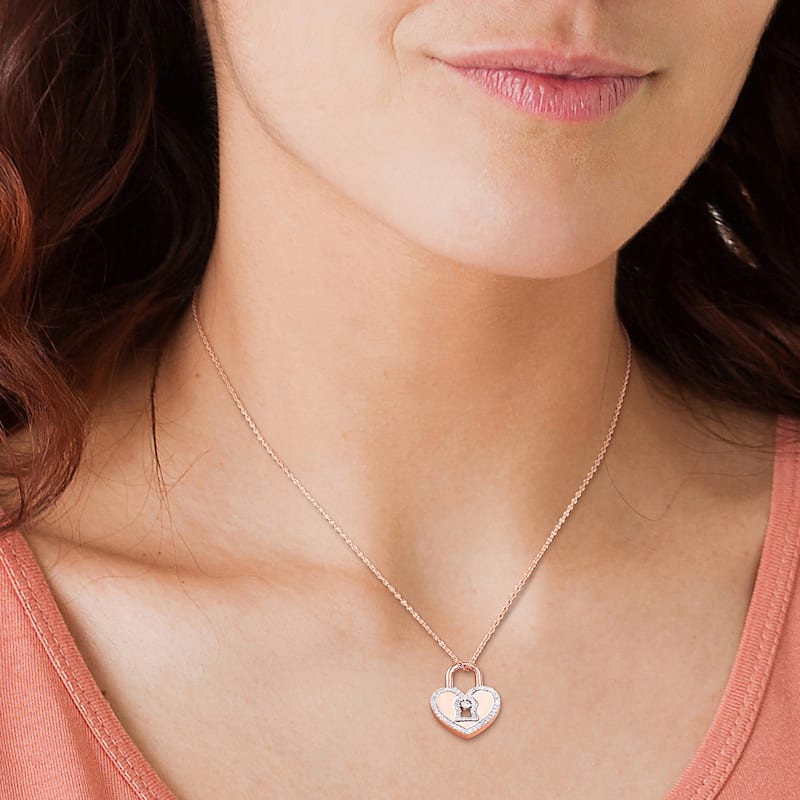 Miadora 1/5ct TDW Diamond Heart Lock Necklace in Rose Plated Sterling Silver