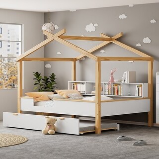 White Full Size Wooden House Bed with Original Wood Colored Frame and Storage