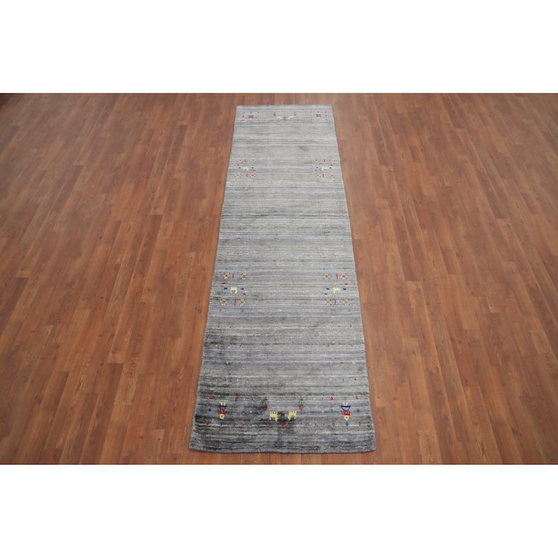 Hand Knotted Oriental Viscose Silk Carpet Tribal Animal Pictorial Greys & Charcoal Gabbeh Runner Rug - 8' 9'' X 2' 7''