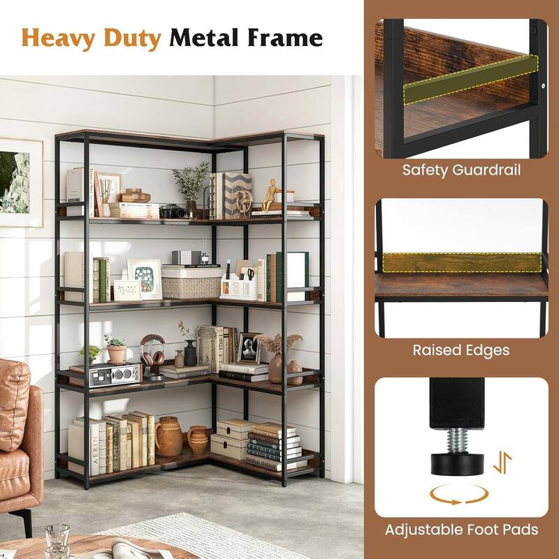 5-Tier Industrial Wood Open Corner Bookcase 90 Degrees Large Bookshelf