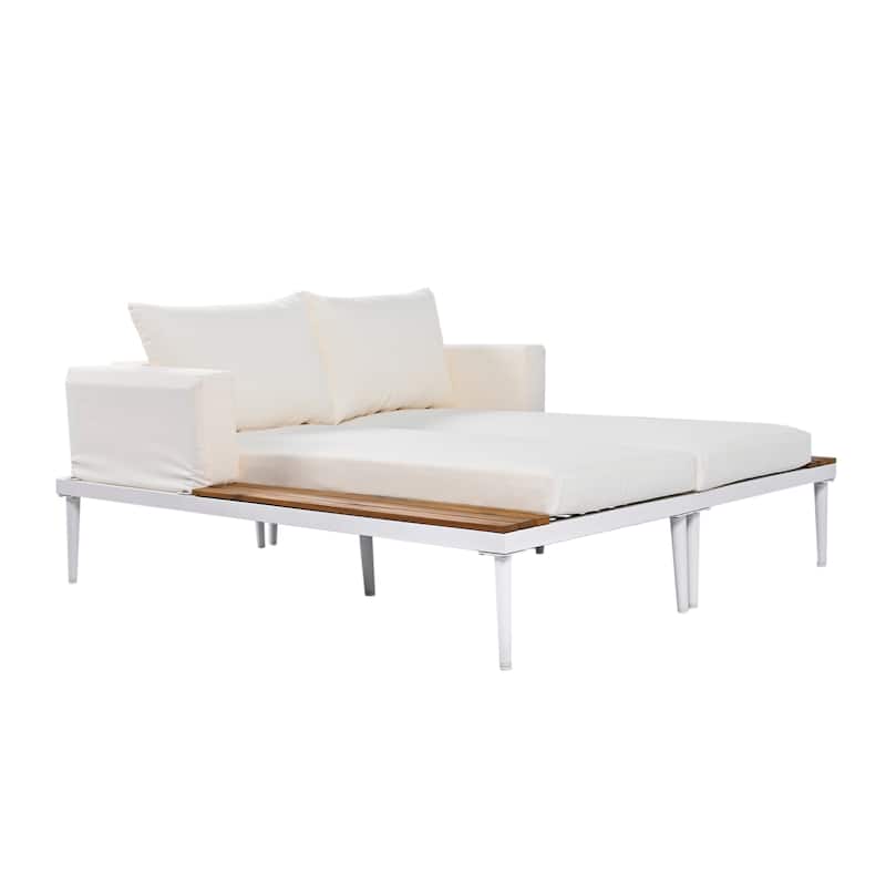 Modern Outdoor Daybed Patio Metal Daybed with Wood Topped Side Spaces for Drinks, 2 in 1 Padded Chaise Lounges