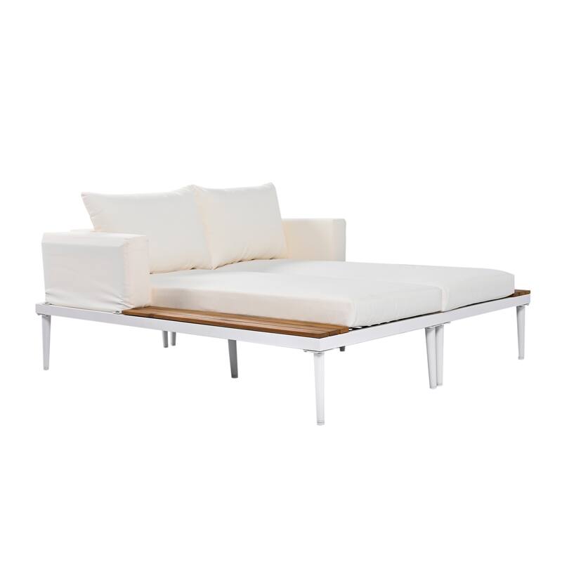 Outdoor Patio Daybed with Acacia Wood Topped Side Spaces, 2-in-1 Design, Adjustable Leg Supports, and Washable Cushions