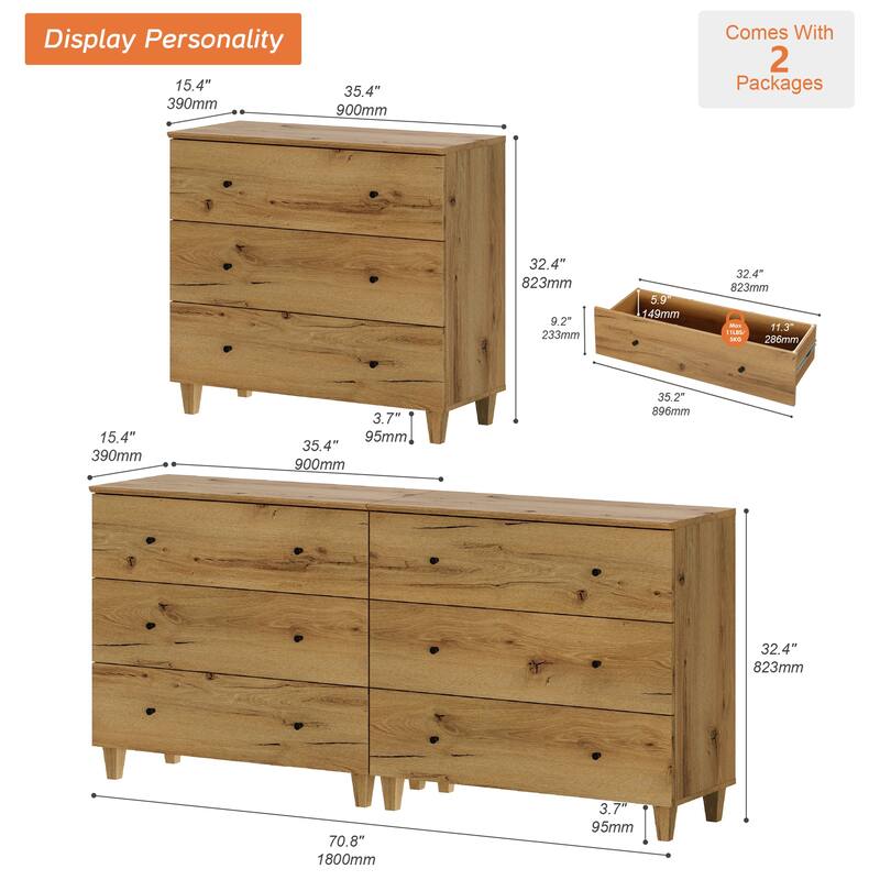 WAMPAT 6-Drawer Dresser and Nightstands Set of 3 for Bedroom, 70.8"