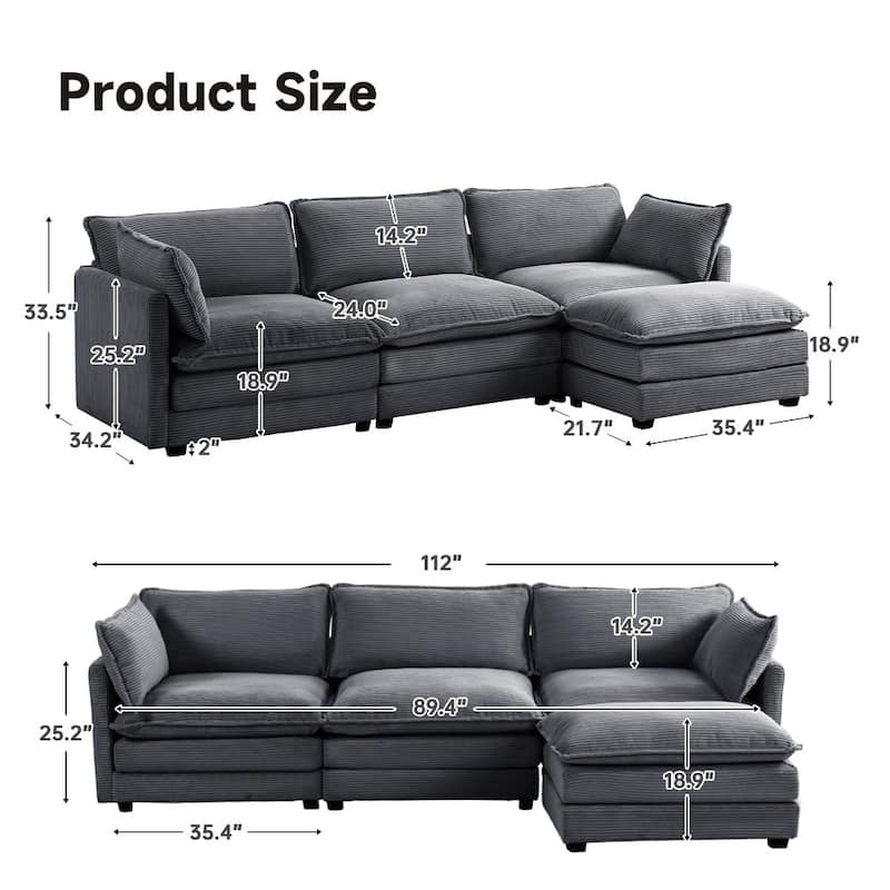 Oversized Modular Corduroy Sectional Sofa Set with Ottoman, 3-Seater / 4-Seater Deep Seat Lounge Couch for Living Room