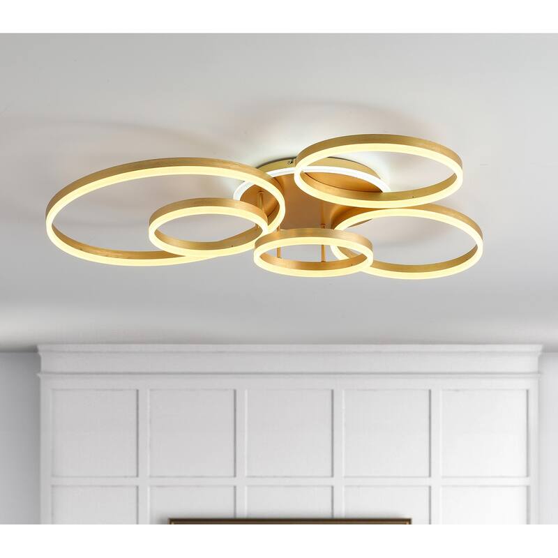 Modern Brushed Gold 5 Metal Rings LED Ceiling Light Fixture